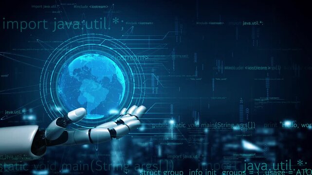 A robotic hand extends toward a luminous digital globe surrounded by intricate programming code, representing the intersection of technology and innovation in a global context. Xenic