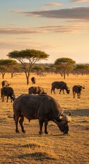 Obraz premium African Buffalo Herd Grazing in Golden Hour Sunset on Safari in the Serengeti.