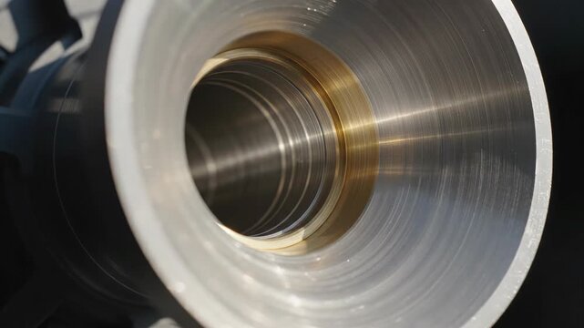 Close up interior view of a metal bearing with threaded grooves and golden lubrication, industrial machinery component, precision engineering detail
