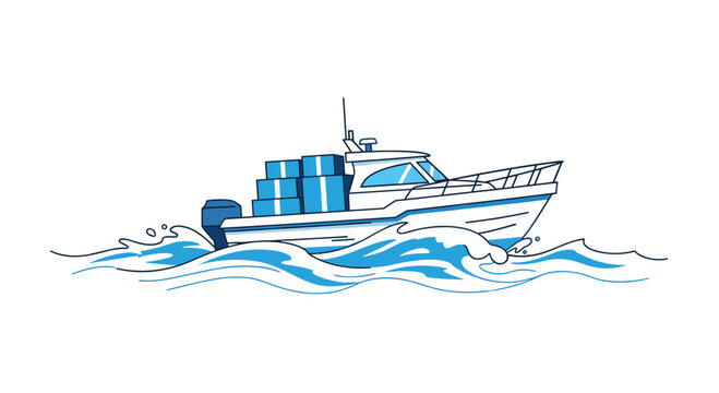 Sleek white and blue powerboat carrying several stacked blue shipping crates speeds across the choppy surface of a stylized ocean under bright daylight.