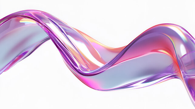 3d glass holographic liquid white background ribbon wave line render. Abstract fluid gradient tape. Fluid flow curve shape with flare and motion effect in purple pink light hologram colors