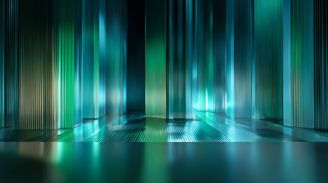 3d rendering. Abstract geometric background. Polished chrome texture with blue green gradient. Ribbed glass illuminated with neon light Stock Illustration
