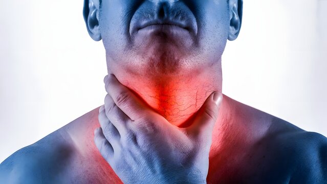 Severe sore throat and pharyngitis symptoms. Medical healthcare and diagnosis. Man clutching neck with red glowing pain effect and cracked skin