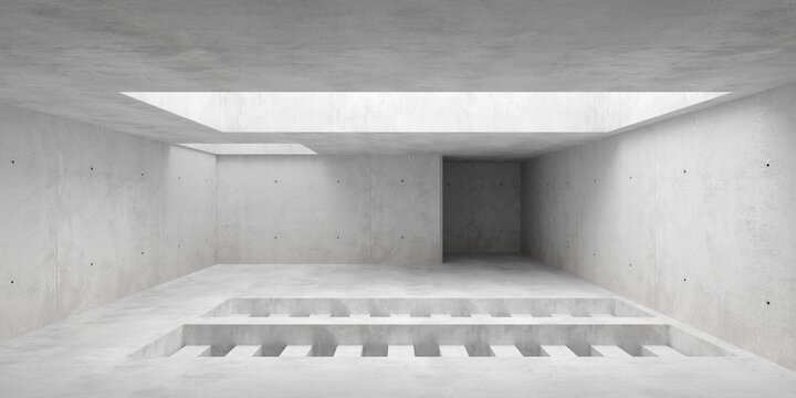 Modern concrete brutalism room with m,ultiple ceiling openings and floor grid - industrial interior background template