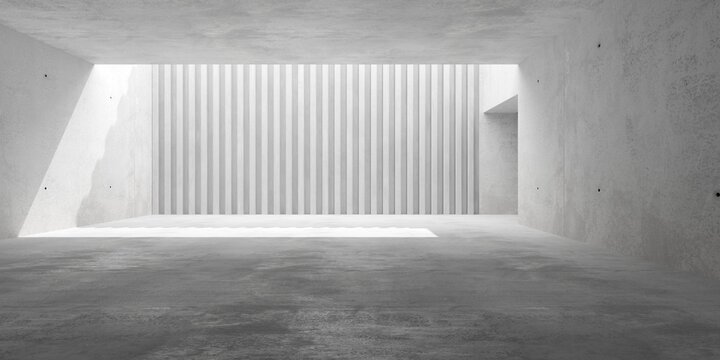 Concrete brutalism room, large modern empty interior to courtyard with array of niches - industrial interior background template