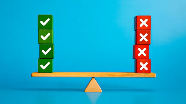 Title:
Balance scale with correct and wrong choices representing comparison and decision concept