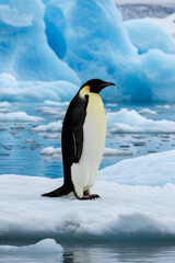 Obraz premium Emperor penguin standing on iceberg in middle of ocean. Antarctic wildlife in icy nature with blue glacier water. Global climate change and environmental conservation, arctic research theme.