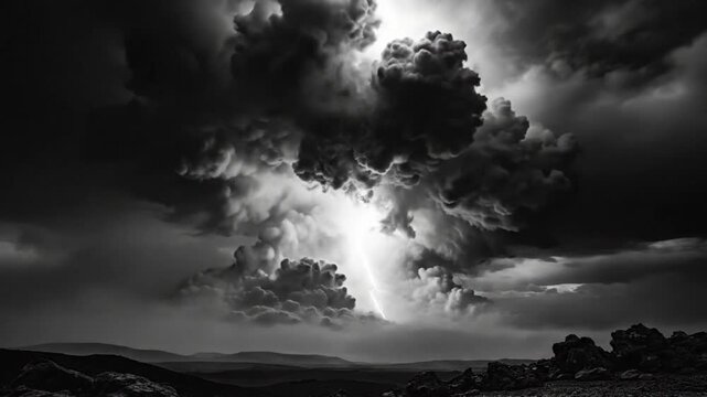 Epic Thunderstorm with Dramatic Lightning Striking Over a Rocky Landscape in Black and White