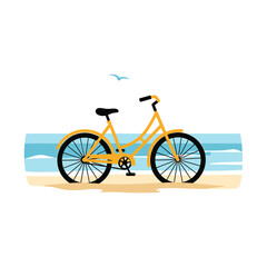 Fototapeta premium Coastal Cruiser: A cheerful illustration of a yellow bicycle resting on a sandy shore, evokes a sense of freedom and leisurely days by the sea.