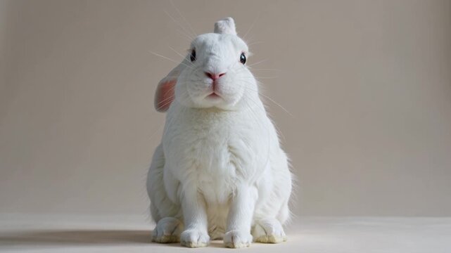 Cute White Rabbit Sitting Against Neutral Background