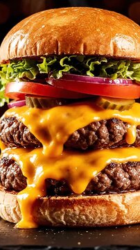 Delicious double cheeseburger with fresh ingredients on a black surface