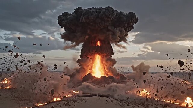 Cinematic Fireball Explosion in Desert with Flying Debris