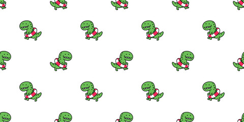 dinosaur seamless pattern t-rex Tyrannosaurus rex swimming ring inflatable cartoon walking vector character doodle illustration wrapping paper tile background repeat wallpaper scarf isolated design © CNuisin