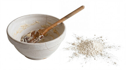 Fototapeta premium Rustic ceramic mixing bowl and wooden spoon rest after crafting a sweet treat, flour dust scattered on a pristine surface