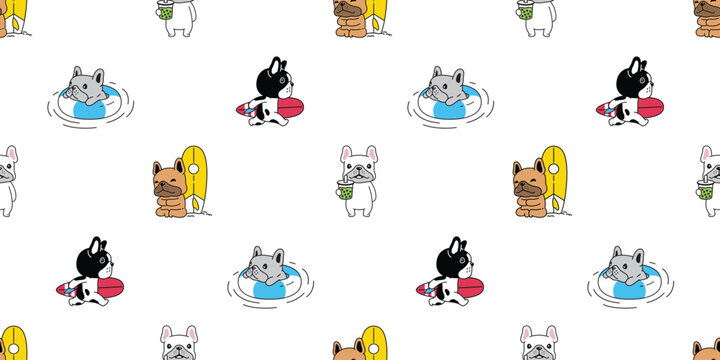 french bulldog seamless pattern dog surf inflatable swimming ring pool beach boba milk tea ocean puppy vector pet cartoon gift wrapping paper repeat wallpaper tile background doodle illustration isola