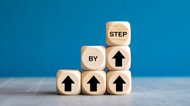 Title:
Step by step growth concept with wooden blocks showing progress development and success path