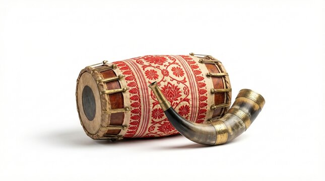 Happy Bohag Bihu Festival Background with Assamese Dhol Pepa and Gamusa on White with Copy Space

