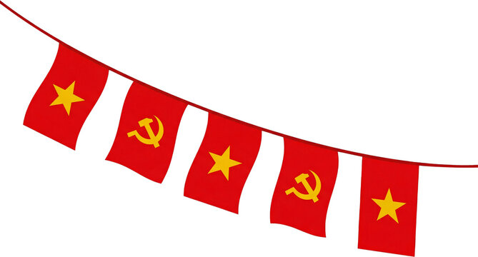 Bunting with Vietnam flags and communist party symbols on rope