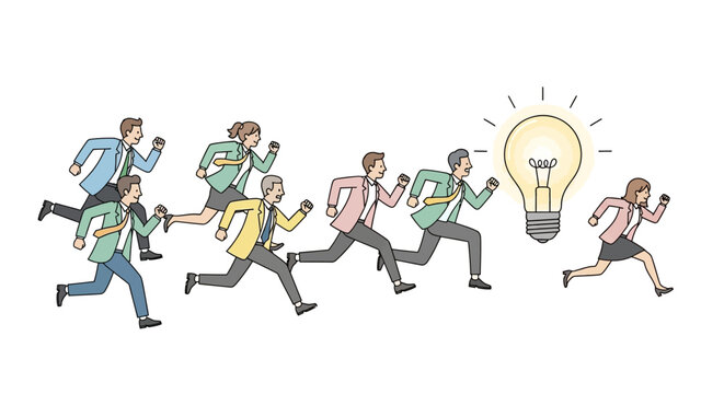 Business people running to light bulb.