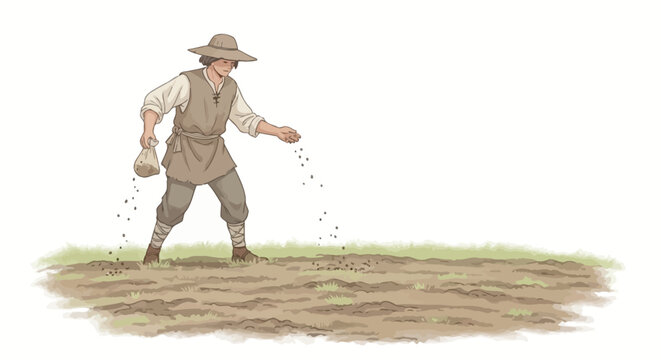 Man scattering seeds on the ground.