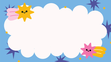 Naklejka premium Cute cloud shaped frame with playful decorative elements on a soft sky background creating a cheerful kids layout. Ideal for nursery posters, invitations, and learning materials.