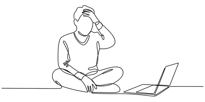A single continuous line drawing of a person feeling stressed while sitting in front of a laptop