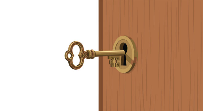 A simple golden skeleton key rests inside a circular brass lock plate mounted on a vertical wooden door panel under soft and even white studio lighting.