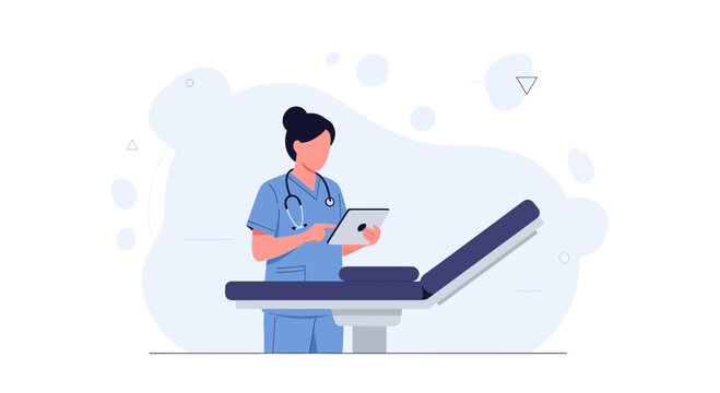 Nurse with Stethoscope Using Tablet by Medical Examination Bed