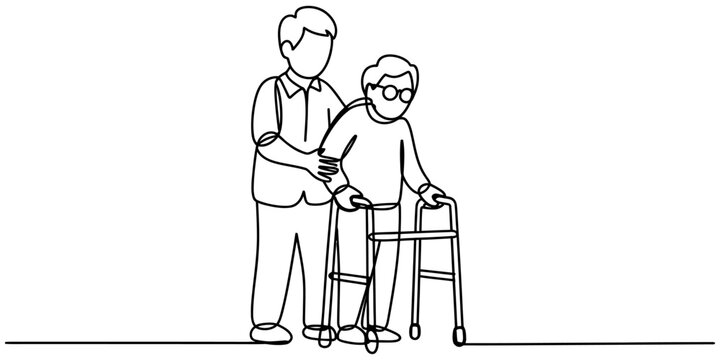 A single continuous line drawing of a caregiver assisting an elderly person with a walking frame