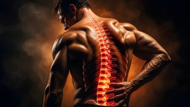 Male body with internal view of glowing red spinal column. Chronic back pain and disc herniation. Person clutching his lower back due to sharp stabbing nerve sensations