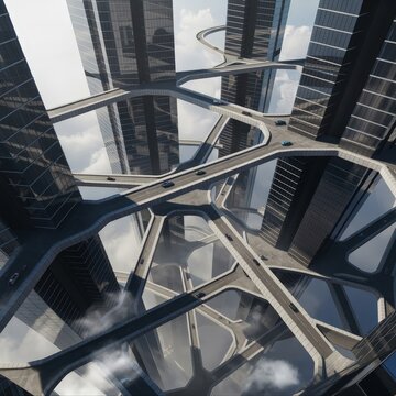 Futuristic Cityscape with Elevated Skybridges and Modern Architecture.