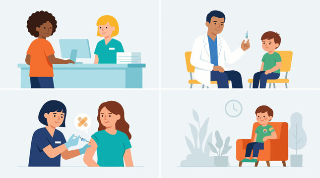 Illustrations of children receiving vaccinations in a medical setting.