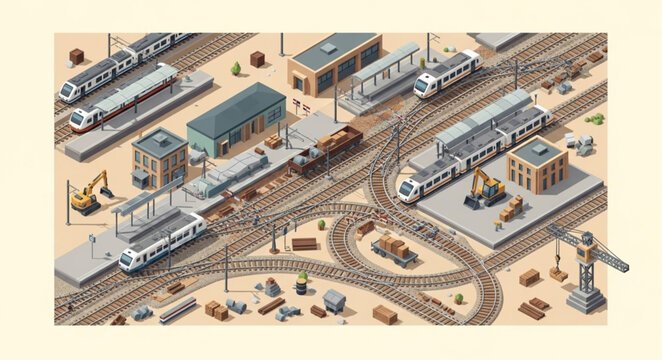 Isometric commuter and freight trains on railway tracks.