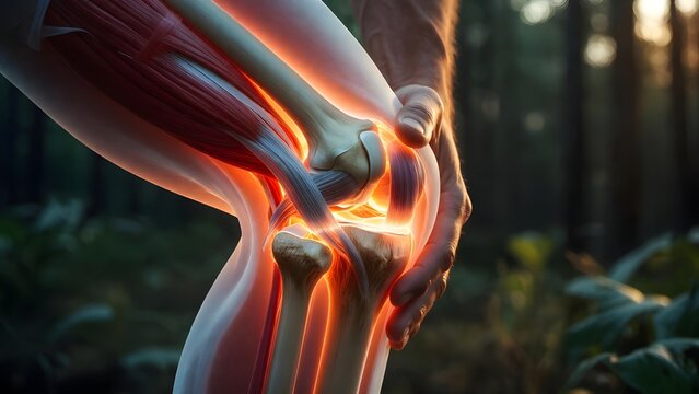 Anterior cruciate ligament ACL injury and leg anatomy. Surgical recovery and biomechanics. Side view of a glowing knee joint with red muscles and white bone structure in a forest