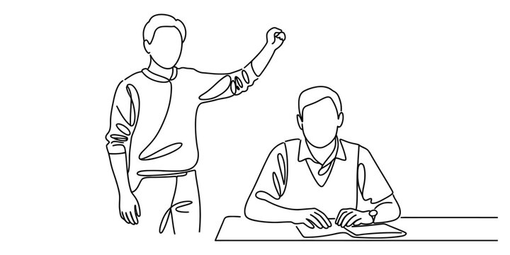 A single line drawing of a man standing and cheering while another man is sitting at a desk