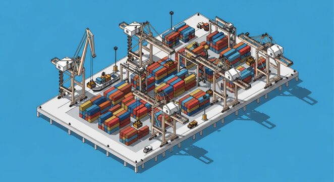 Isometric Container Port Terminal With Cranes And Containers.