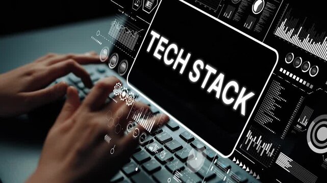 Close-Up of Hands Typing on Keyboard with Tech Stack Data Visualization on Screen. Asymptotic smart data analytic.