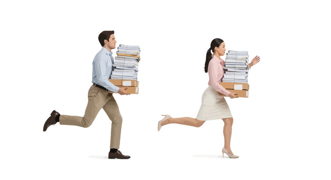 Business people running with paperwork.
