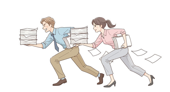 Business people running with papers.