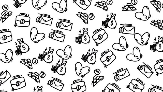 Black and white doodle money icons scattered across a plain background. Brief, hand-drawn shapes depict wallets, coins, hearts, and envelopes. Each icon features simple outlines, playful