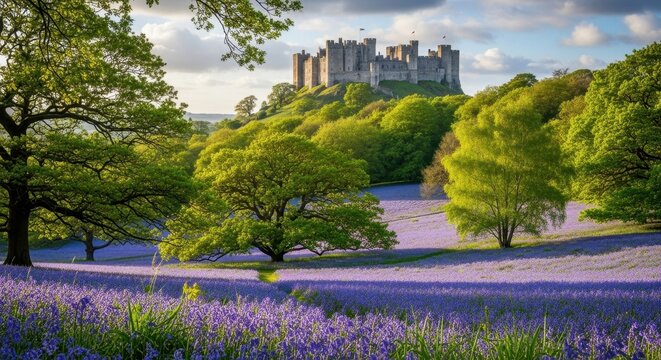 Alnwick Castle in Northumberland, England, with purple flowers in the foreground.