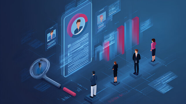 Digital recruitment and employee evaluation concept illustrating profile analysis, skills assessment, and data driven HR decision making. Suitable for hiring processes, talent management systems