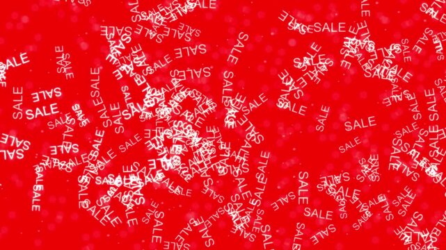 Dynamic red background with numerous white 'SALE' words floating and falling, creating a vibrant promotional visual.