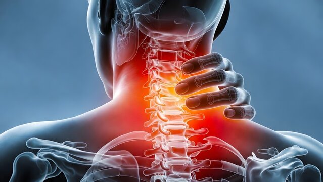 Detailed cervical spine vertebrae and neck muscle pain. Orthopedic science and spinal health diagnosis. Person holding back of neck showing internal skeleton with red pain center
