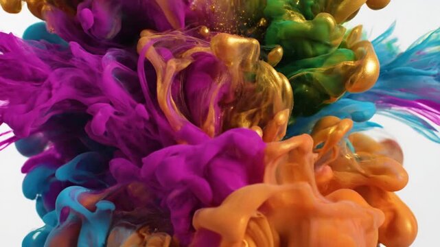Colorful ink explosion with gold element on white background