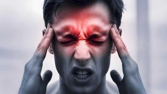 Agonizing migraine and severe neural pain. Emotional stress and psychological pressure. Gritting teeth man suffering from extreme cluster headache symptoms