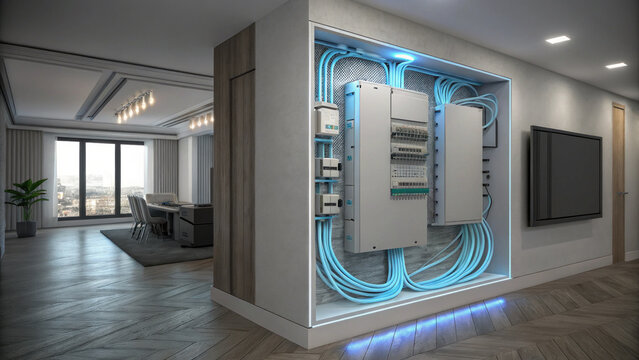 Electrical panel modern interior cutaway wall wiring home network cable smart home circuit breaker distribution board utility room, modern