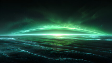 Electric green arc over glossy waves with horizon glow and cyber shine. Futuristic banner backdrop for ads and headers that grabs instant attention. 3d render illustration. Stock Illustration