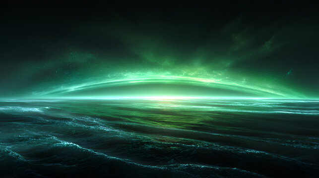 Electric green arc over glossy waves with horizon glow and cyber shine. Futuristic banner backdrop for ads and headers that grabs instant attention. 3d render illustration. Stock Illustration