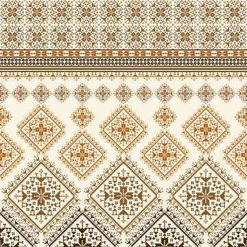 Geometric pixel art pattern. Abstract pixel art geometric ethnic pattern design for fabric, carpet, tile, rug, clothing, embroidery, needlepoint and background. Vector pixel art seamless motif ethnic